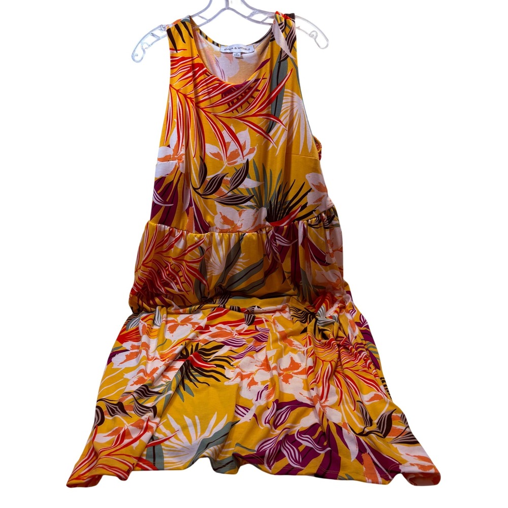 Emma & Michele Yellow Tropical Floral Tiered‎ Sleeveless Maxi Dress Summer Boho